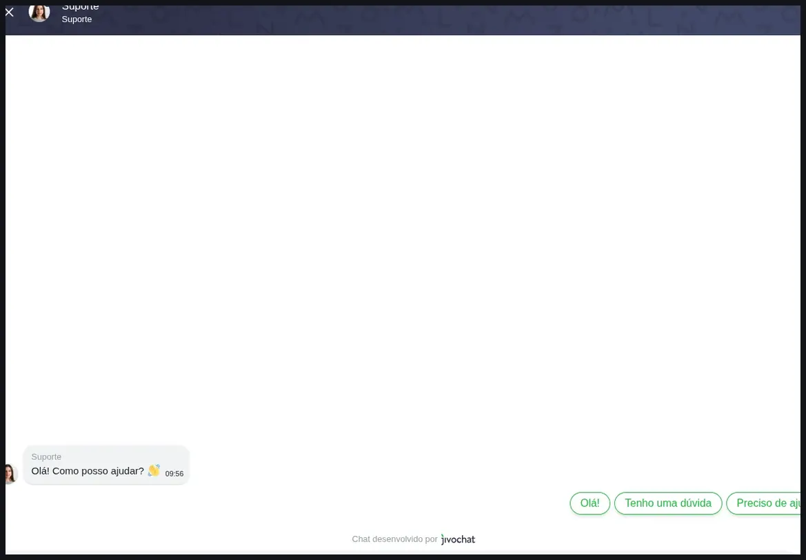 Widget de chat ao vivo de suporte do Ganho Rápido, mensagem de saudação "Olá! Como posso ajudar?" com botões de resposta rápida, 20.10.2026