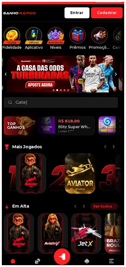 Página inicial móvel do Ganho Rápido, lobby de jogos com banner "A CASA DAS ODDS TURBINADAS", 21.10.2026