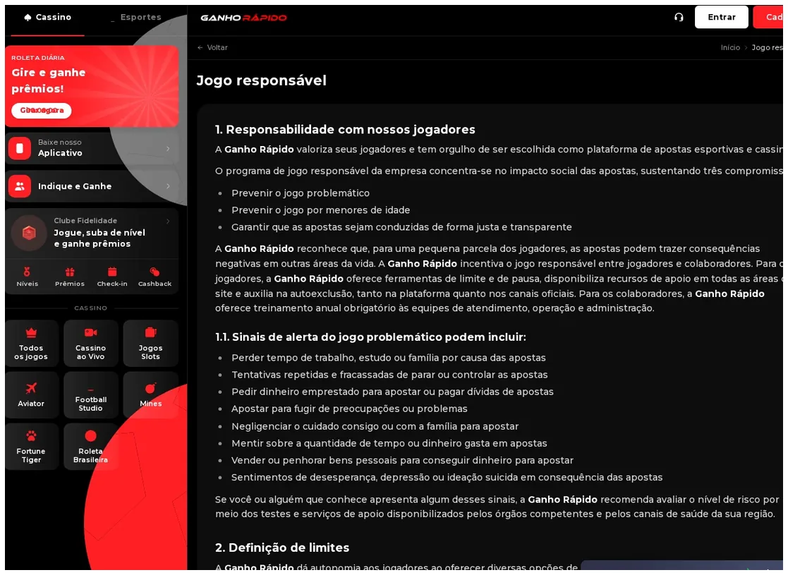 Página de política de jogo responsável do Ganho Rápido, título "Jogo responsável" e lista de sinais de alerta de jogo problemático, 20.10.2026