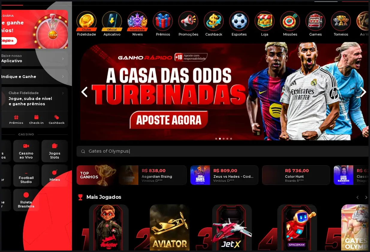 Página inicial do Ganho Rápido Casino, banner hero "A CASA DAS ODDS TURBINADAS" com botão "APOSTE AGORA", 20.10.2026